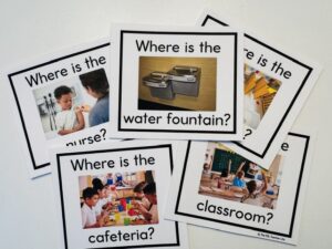 5 student visual cue cards that ask where questions